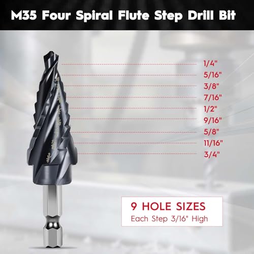 Cobalt Step Drill Bit 1/4" to 3/4", TiAlN Coating 4 Spiral Flute Step Bit - color: 1Pcs M35 Spiral