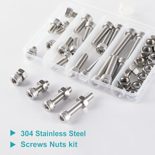 M8 x 10mm 20mm 30mm 40mm Hex Socket Head Cap Screws Bolts and Nuts, Stainless Steel 304, Bright Finish, Metric Allen Drive, Fully Thread, Assortment Kit 48PCS - size: Socket M8x10-40mm+Nuts