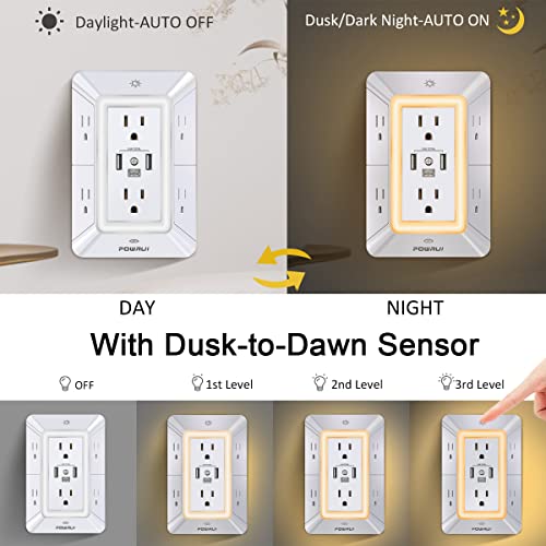 Multi Plug Wall Outlet Night Light, POWRUI 6 Outlet Extender & 3 USB Ports - color: White(6Outlets/Night Light), size: 2U1C