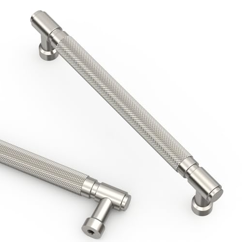 Asidrama 10 Pack Brushed Satin Nickel Cabinet Handles Cabinet Pulls Knurled Kitchen Cabinet Handles, Cabinet Pulls Kitchen Cabinet Hardware for Cupboard Drawer Pulls - color: Brushed Satin Nickel, size: 6.3" Hole Center, style: 10 Pack