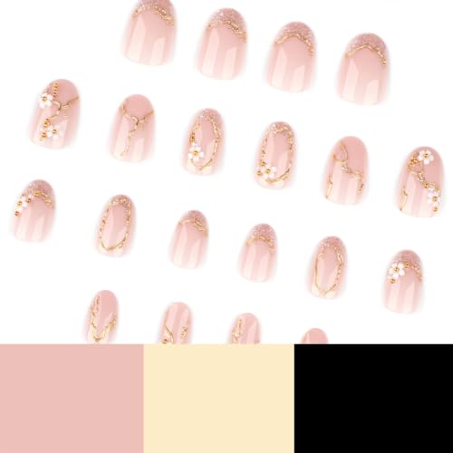 Mivota New Chinese Style 3D White Floral Press On Nails — Soft Nude Translucent Almond Nails with Gold Metal Lines, Pearls & Silver Glitter Accents, Elegant Handmade Bling Nail Set for Women - color: 82-Oval gold thread pearl flower