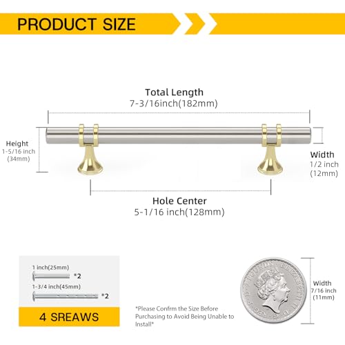 Rergy 10 Pack 5 Inch Hole Center Brushed Nickel and Gold Cabinet Pulls - color: Brushed Nickel&Gold, size: 5-1/16in Hole Center(128mm)