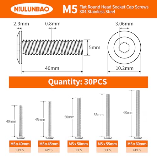 M5 x 40mm 45mm 50mm 55mm 60mm Flat Round Head Hex Socket Cap Screws Bolts, Furniture Screws, 304 Stainless Steel, Allen Hex Drive, Metric Fully Threaded, Bright Finish, Assortment Kit 30PCS - size: M5 x 40/45/50/55/60mm (30PCS)