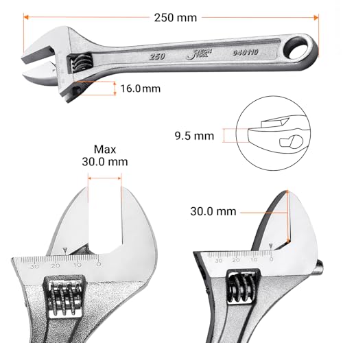 Jetech 10-Inch Adjustable Wrench - Professional Heavy Duty Chrome Vanadium Steel Shifter Spanner with Inch/Metric Scale Wide Caliber Opening - size: 10 Inch