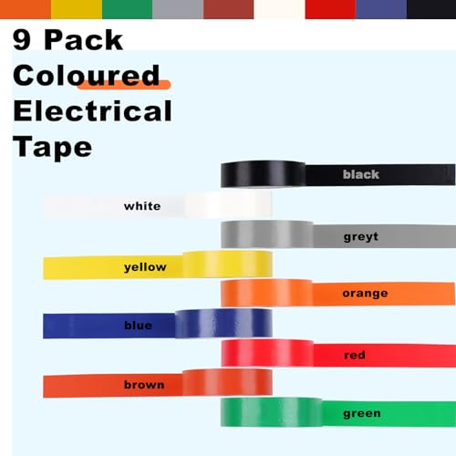 Romeda 9 Pack Coloured Electrical Tape, Electrical Tape Colours Water, Sun, and Oil Resistant, Suitable for Most Domestic, Commercial, and Industrial environments. - color: Mix Colors