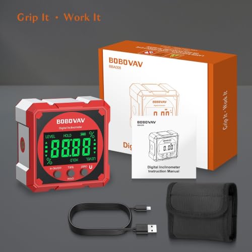 4-side Magnetic Digital Angle Gauge with Laser(Class 2, ＜1mW Output), 4 * 90° Rechargeable Electronic Inclinometer Protractor Level Gauge for Woodworking Tablesaw- Red - color: Red