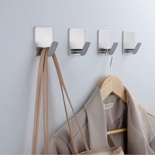 DELITON Sticky Hooks for Hanging Adhesive, Silver Wall Hooks for Bathroom Kitchen Office Stainless Steel Heavy Duty No Damage, Brushed Nickel, 6 Pack - color: Silver-6