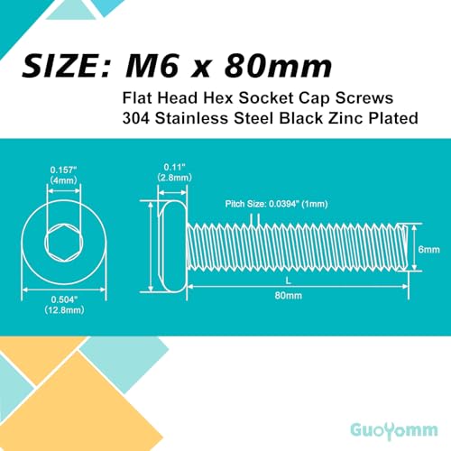 M6 x 80mm 10Pcs Flat Head Hex Socket Cap Screws, 304 Stainless Steel 18-8, Black Zinc Plated, Connection Furniture Bolts, Full Thread - size: M6 x 80mm(10PCS)