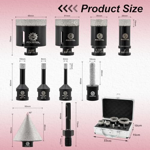 Diamond Core Drill Bit Set - FOCSTOL 10pcs (6/8/10/25/35/51/65mm+10mm Finger Bit+50mm Beveling Chamfer Bit+SDS Adapter) Diamond Hole Saw Kit for Porcelain Ceramic Tile Marble Granite - size: KIT1