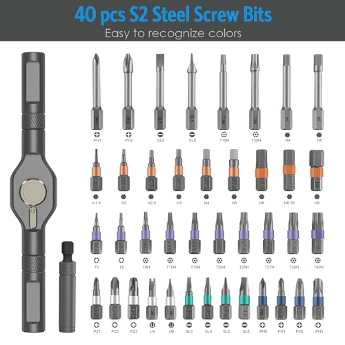 AMIR 42 in 1 Ratchet Screwdriver Set, Magnetic Screwdriver Set with 40 PCS Multi Bit, DIY Repair Tool Kit with Ratchet T Handle, Screw Driver Set Kit for Tools,Bicycle,Electronic Repair - color: Grey