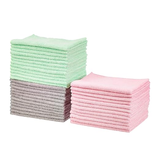 Amazon Basics Microfiber Cleaning Cloths, Ultra Absorbent, Scratch Free, Non-Abrasive, Reusable and Washable, All-Purpose, Car Detailing, 16" x 12", Green/Gray/Pink, 36-Pack - color: Green/Gray/Pink, size: 36-Pack