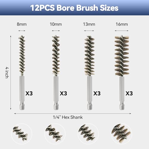 12 Pcs Wire Bore Brush for Drill，Stainless Steel Drill Brush Set，with 1/4 Inch Hex Shank, Power Drill Attachment for Polishing, Rust and Tube Cleaning (0.315"-0.630") - size: "S" 12PCS
