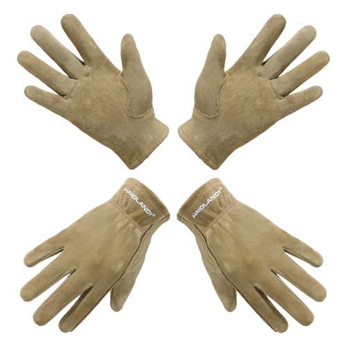 HANDLANDY 2 Pairs Kids Leather Gardening Gloves, Kid Work Gloves, Khaki, M - color: Khaki (2 Pairs), size: Medium (Age 5-7)