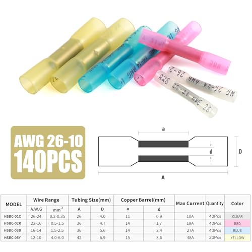 140PCS Heat Shrink Butt Wire Connectors 26-10 AWG, Insulated Waterproof Electrical Wire Connectors Automotive Marine Grade Wire Crimp Terminals Butt Splices, Ideal for Boat, Truck - size: Mix 140 PCS