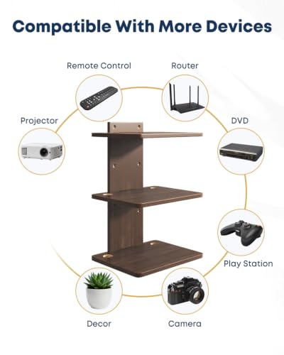Floating TV Projector Shelf Wall Mount - 3 Tier Wooden Shelf, Walnut Brown - size: 3-Tier Shelf