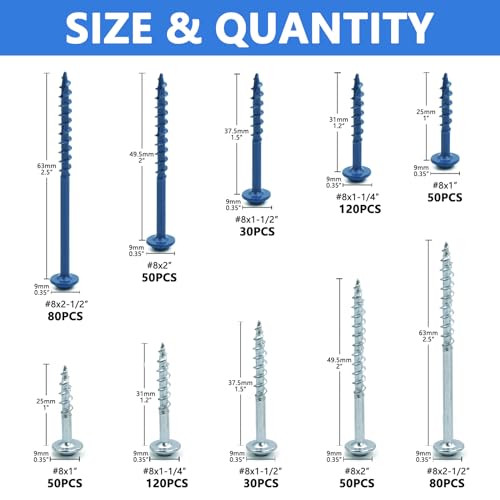Pocket Hole Screws 660 PCS, 5 Sizes #8 x 1 to 2-1/2" Coarse Thread Wood - color: 660PCS(Blue Coated & Zinc Coated)