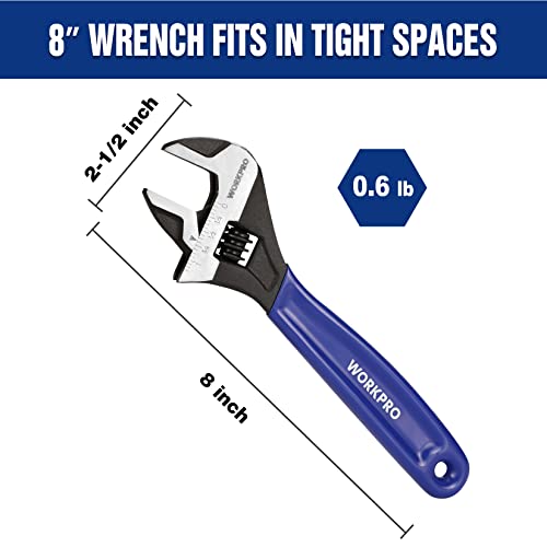 WORKPRO 8-Inch Adjustable Wrench, Cr-V Steel Wide Jaw Black Oxide Wrench - color: Blue, size: 8-Inch