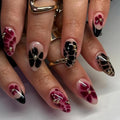 French Press On Nails Short Almond Shape, Fall Fake Nails Adorned with Black and Burgundy Petal Accents, 3D Design, Glossy Gel Finish Acrylic Nails, Natural Reusable Glue On Nails - color: 36-Flaunt Bloom