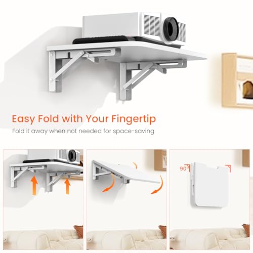 Homode Projector Shelf for Wall, Wood Folding Wall Mount Shelf, White - color: White