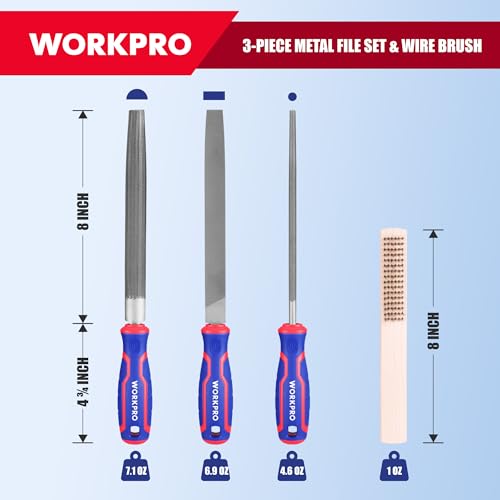 WORKPRO 8-Inch Metal File Set, 3-Piece Carbon Steel Files with Wire Brush - size: 3-Piece Metal File Set
