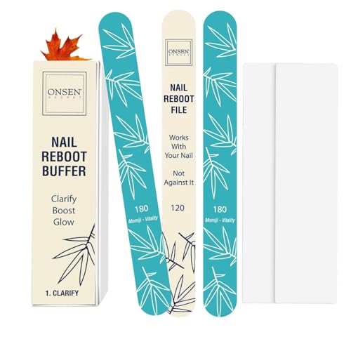 Onsen Japanese Nail Shape & Shine Kit | 3-Way Nail Buffer Block w/ 2 Extra Pads & 6-Pack Professional File 120/180 Grit for Natural and Acrylic Nails | Shape and Shine Series - Super Value Bundle - size: Buffer + 6 Nail Files