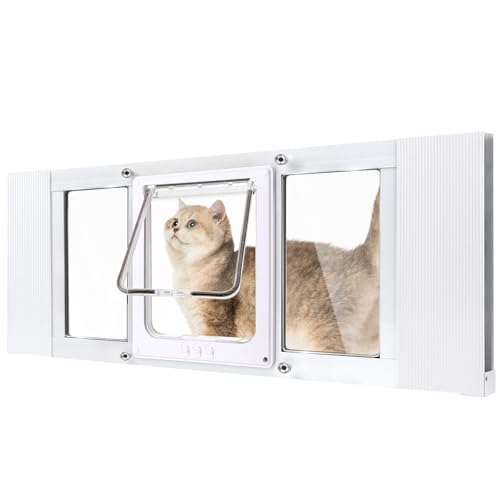 Cat Door for Window, Quick Damage-Free Install, 24"-28" Width Adjustable, All Aluminum Frame, 4-Way Lock, Magnetic Closure Cat Window Door, Extra Window Sealing Strips (S) - size: S: Fits 24"-28" Width