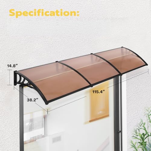 VIVOHOME Polycarbonate Window Door Awning Brown 38 Inch x 115 Inch - color: Brown, size: 38 Inch x 115 Inch