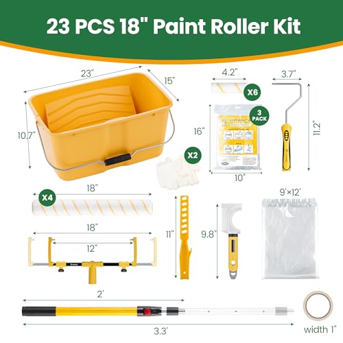 VOOMEY 18 Inch Paint Roller Kit with 3.3 FT Extension Pole - size: 23pc