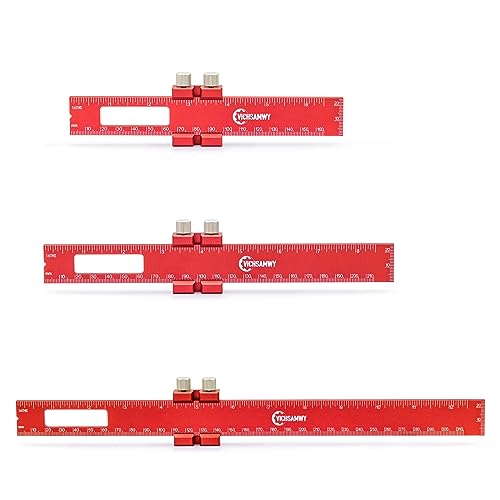 Precision Metal Slide Stop Scribing Ruler - 12, 8 & 6 Inch, Adjustable Measuring & Marking for Woodworking - color: Red
