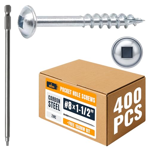 ALBO Pocket Hole Screws #8 x 1-1/2", 400 PCS, Carbon Steel Zinc Coated – Robertson Square Drive Wood Screws with Free 150mm Bit, Self Tapping Cabinet & Woodworking Screws - color: Silver, size: #8 x 1-1/2"