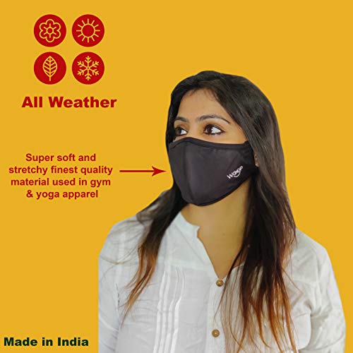 Woop Face Mask, Washable Reusable Black Face Masks For Health Protection n Skin Care Unisex Mouth Filter Facemask, Soft Dri-Fit Handmade in India, Nose to Chin Mud & Pollution Dust Cover - SET OF 7