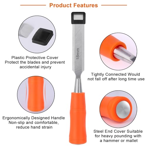 4 Piece Wood Chisel Sets Woodworking Tools Set, Wood Chisels for Woodworking with Steel Hammer End, Wood Tools Chisel Set Woodworking with Ergonomic Plastic Handle, 6mm, 12mm, 18mm, 24mm - size: 4 Pack