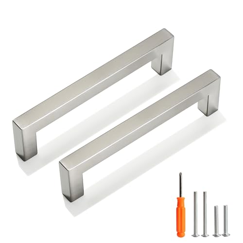 Cabinet Pulls Brushed Nickel Cabinet Handles Square Drawer Pulls, 5 Pack 5 Inch Stainless Steel Kitchen Door Cupboard Cabinet Handles, Cabinet Hardware Drawer Handles, 128mm Hole Centers - color: Brushed Nickel, size: Two Hole - 5 inch Hole Centers(128mm)