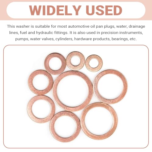200 PCS Car Copper Washers Assortment Kit, Metric Copper Crush Washer, 9 Sizes Flat Sealing Washer Assortment Kit, Universal Copper Oil Pan Plug Sealing Gaskets for Cars (Gold)