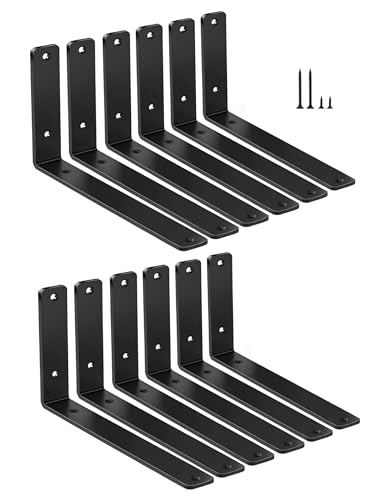 12 Pack - L 10" x H 6" x W1.5, 5mm Thick Black L Shelf Bracket, Iron Shelf Brackets, Metal Shelf Brackets, Floating Shelf, Shelf Supports with Screws - size: 10''x6'', style: Black 12 Pack