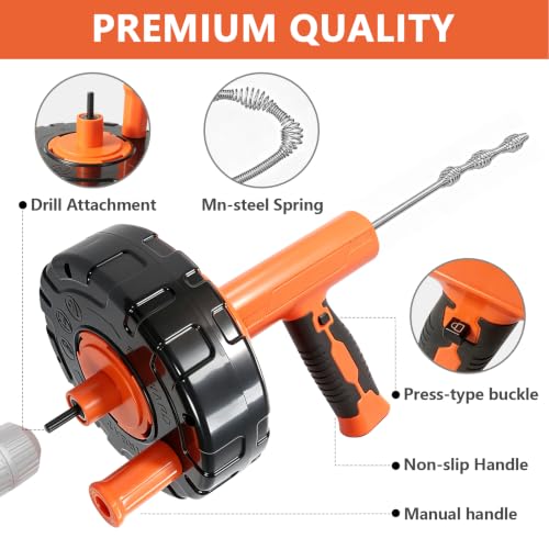 Drain Snake 8Set-33Ft Drain Clog Remover,34inch Heavy Duty Plumbing Snake,20inch Hair Clog Remover,Cleaning Brush,Goggles and Gloves Manual or Powered for Bathtub,Sewer,Sink,Drainage Pipe - style: 10SET Electric Heavy Duty