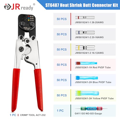 JRready ST6487 AS81824 Crimp Splices Kit with ACT-232 Crimp Tool (M22520/37-1 Equivalent) G411 Go-No Go Gauge 150 Sets Environmental Copper Splices & PVDF Tubes Waterproof Butt Connectors - color: 150Sets Butt Splice Connectors with Crimper