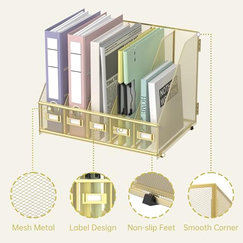 SUPEASY Desk Organizers Metal Desk Magazine File Holder with 5 Vertical Compartments Rack File Organizer for Office Desktop, Home Workspace, Gold Plus - color: Gold, size: Large