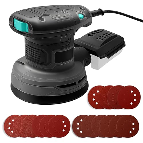 5-Inch Random Orbital Sander, 3Amp Electric Palm Sander with 6-Speed Control, Dust Collector & 16 Sandpapers for Woodworking, Sanding and Polishing Wood/Metal Surfaces