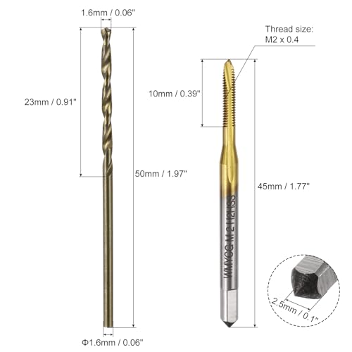 uxcell Metric Tap & Drill Bit Set, 2pcs M2 x 0.4 Spiral Point Thread Taps Titanium Coated and 2pcs 1.6mm Twist Drill Bits Roasted Yellow, Screw Tapping Threading Tools - size: M2 x 0.4 + 1.6mm