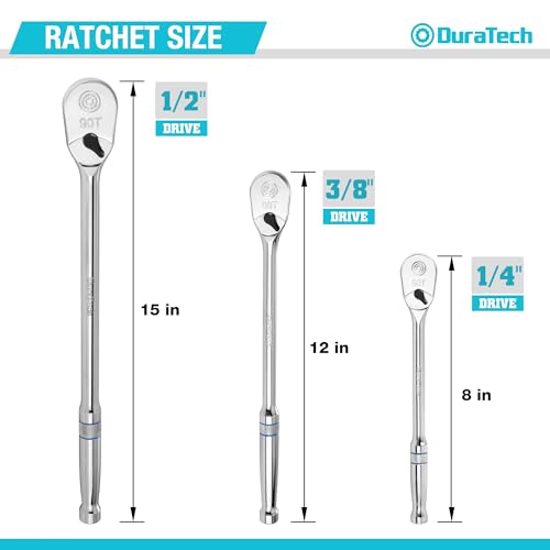 DURATECH 3-Piece Extra Long Drive Ratchet Handle, 90-Tooth Ratchet Wrench - size: 1/4", 3/8", 1/2" Combo Kit