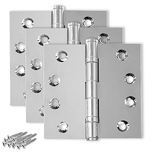 Solid Brass Chrome Door Hinge Heavy Duty Ball Bearing Shiny Silver 4x4 Inch - Set of 3 Hinges (Polished Chrome) - color: Polished Chrome