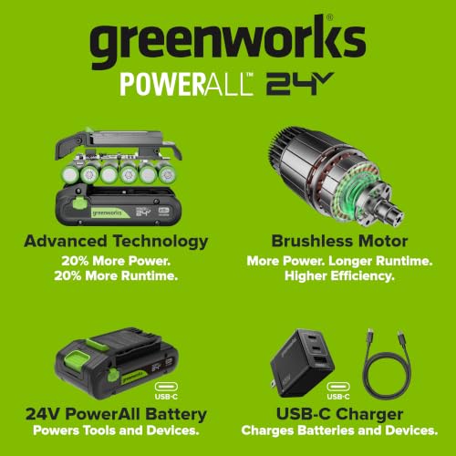 Greenworks 24V Cordless Brushless 400 in-lbs Drill/Driver+1950 in-lbs Impact Driver Combo,High Torque, Lightweight, (2) 2.0Ah USB-C Batteries(12,000mAh Power Bank) and 65W USB-C Fast Charger(3-Port) - size: 2PCS Combo Kits