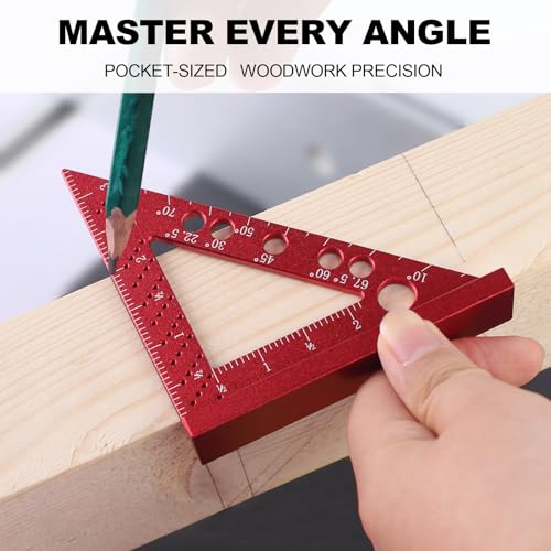 Carpenter Square, Small Triangle Square, 90 Degree Small Square Ruler, Woodworking Measuring Tool with Fixed Miter Angle Pin (Red) - color: Red-Small