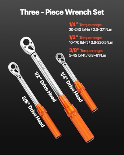 VEVOR 1/4 3/8 1/2 Inch Drive Torque Wrench, 3Pcs Click Torque Wrench Set 20-240IN-LB, 5-45FT-LB, 10-170FT-LB, Dual-Direction Adjustable 72 Tooth for Bicycle, Moto and Car Maintenance - size: 1/2" 3/8" 1/4" 6 PCS