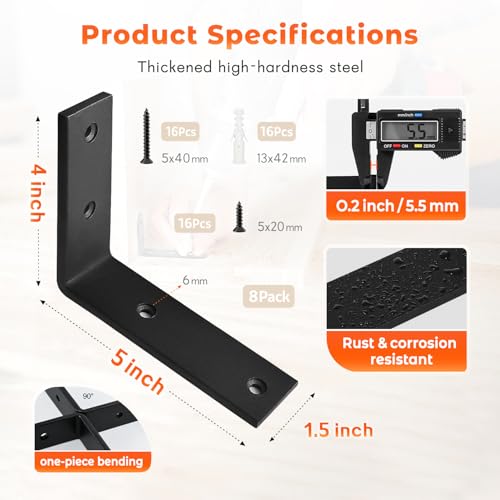 Shelf Bracket 8 Pack 5" Lx4 H 5mm Thick Heavy Duty Black L Brackets - color: Black-8pack, size: 5"Lx4"Wx1.5"W