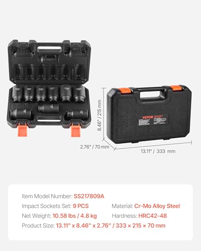 VEVOR 1/2" Drive Impact Socket Set, 9 Piece Deep Socket Set Metric 29-38mm, 6 Point Cr-Mo Spindle Axle Nut Impact Socket Set for Auto Repair,Easy-to- Read Size Markings, Includes Storage Case - size: 1/2" 9 PCS CR-MO