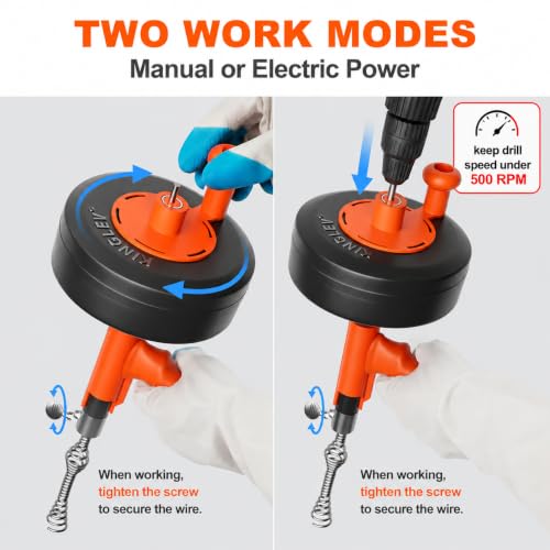 Drain Snake, Plumbing Snake With Drill Adapter, 50ft Heavy Duty Flexible Sink Steel Drain Auger Bathroom Hair Clog Removal Tool, Manual Or Powered - No auto retract or feed (Black)