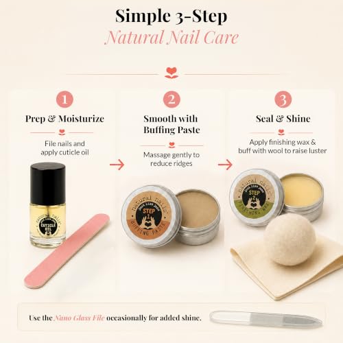 Natural Nail Kit | Nail Buffer and Shine Kit with Cuticle Oil, Nano Glass Nail File, Chamois Cloth, Wool Buffing Ball, Buffing Paste & Finishing Wax for Natural Nails | At Home Manicure - style: Complete kit