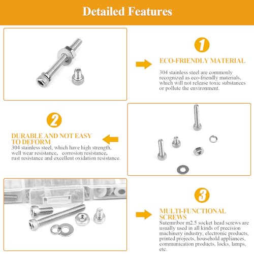 565 Pieces M2.5 Screws Nuts Washers Set, Sutemribor M2.5 x 4/6/8/10/12/16/20mm Hex Socket Head Cap Screws Nuts Washers Assortment Kit, 304 Stainless Steel, Fully Threaded - size: M2.5, style: Socket Head